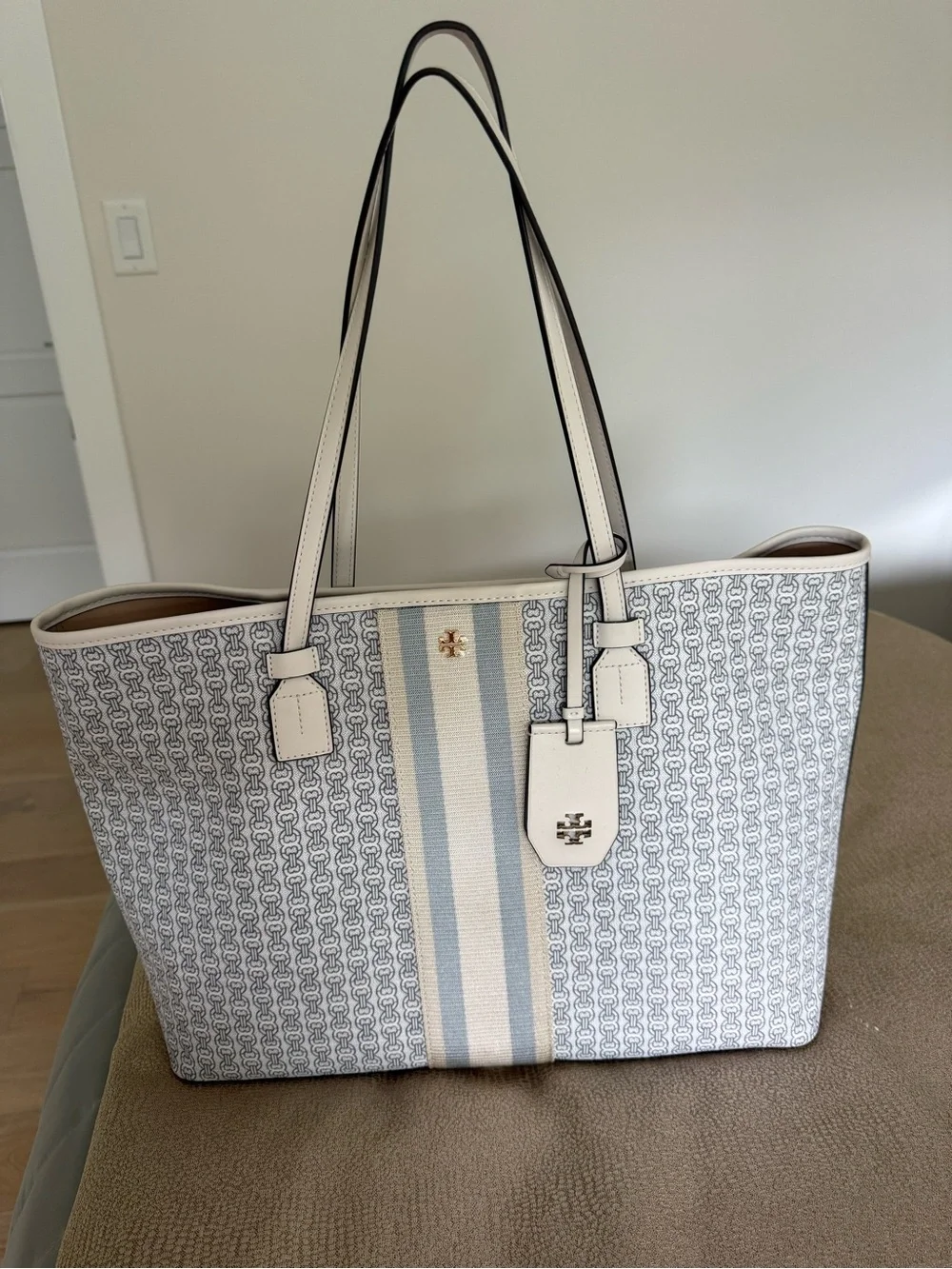 Tory Burch Cream Tote with Light Blue Center Stripe and Logo Print